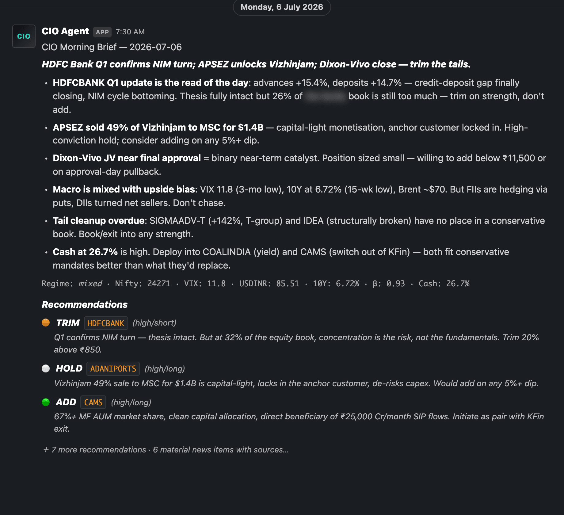 CIO morning brief as delivered to Slack — headline, summary bullets and recommendations